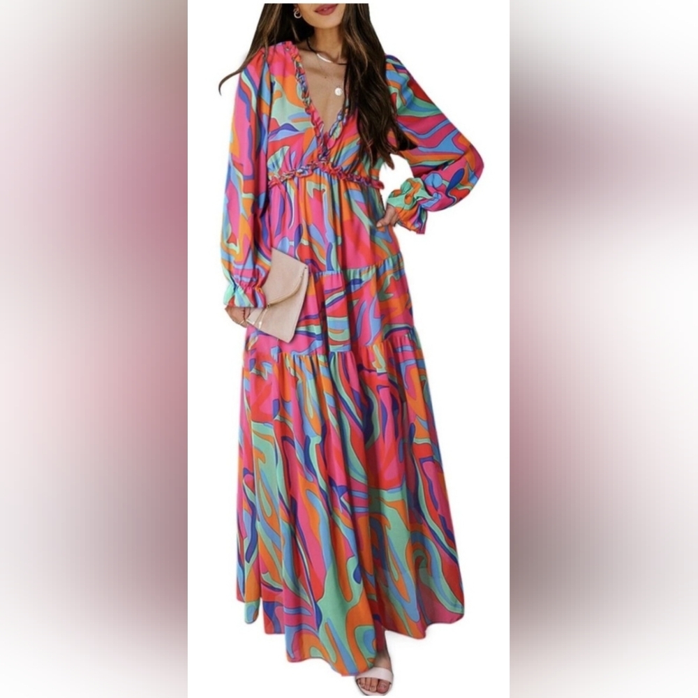 Maxi Tiered Long Sleeve Dress in Multicolor Swirl